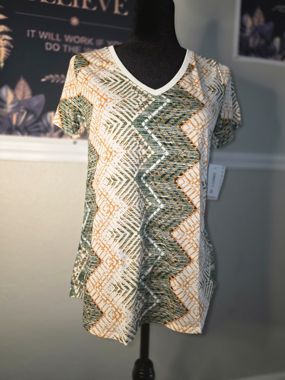 Christy Green and Orange Geometric Print Top